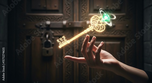 A beautiful photorealistic image of a hand holding a glowing, magical key hologram, with an ancient, locked door in the background.