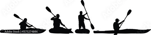 Kayaking silhouette vector, men paddling kayak, outdoor water sport illustration, black canoe graphic, kayak adventure pose, isolated design