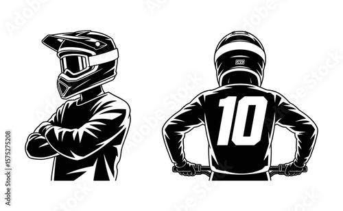 Black and White Motocross Rider Front and Back View Illustration.