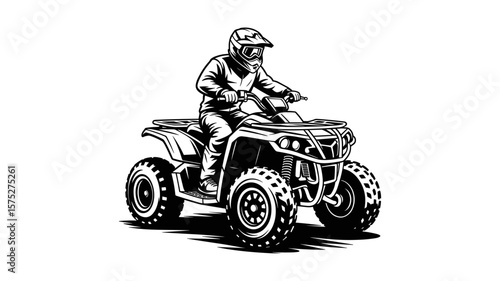 A black and white illustration of a person driving an ATV.