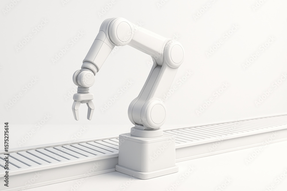 Robotic arm stands over conveyor belt, showcasing its sleek design and functionality. This advanced technology symbolizes innovation and efficiency in automation Robotic arm stands over conveyor belt, showcasing its sleek design and functionality. This advanced technology symbolizes innovation and efficiency in automation