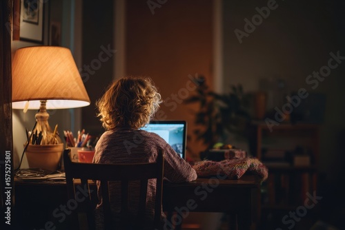 A person sits at a desk in a dimly lit room.