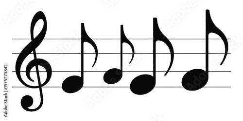 Black Musical Notes With Treble Clef on Five Lines Staff on White Background