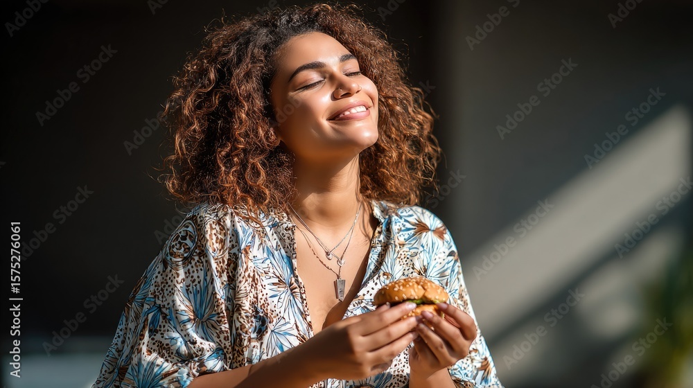 Obraz premium plus-size person eating fast food, smiling and enjoying the moment