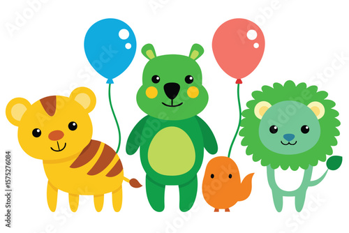 Adorable Cartoon Animals with Balloons Tiger, Bear, Lion, and Bird Illustration