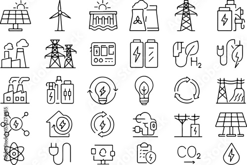 Collection of modern line art icons representing various renewable and traditional energy sources and concepts for a sustainable future