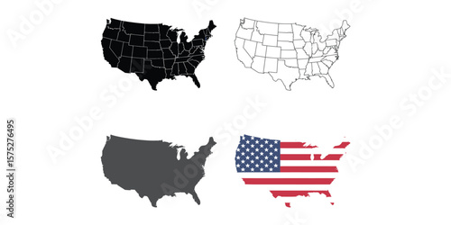 Four USA Map Silhouettes Solid Black Outline Grey and Flag Fill Isolated