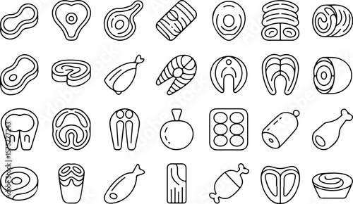 A collection of simple black and white outline icons representing various cuts of meat and fish perfect for food related designs