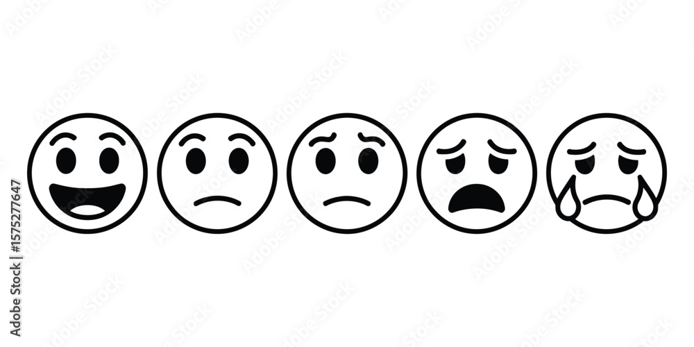 Row of Outlined Circle Emoji Icons Expressing Varied Emotions on White Backdrop Row of Outlined Circle Emoji Icons Expressing Varied Emotions on White Backdrop