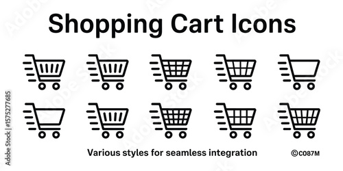 Set of Black Shopping Carts Icons with Wheels and Motion Lines on White Background