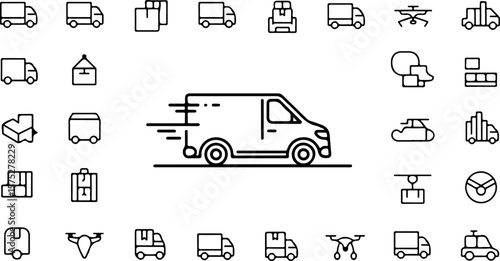 Modern delivery and logistics icons featuring various transportation methods including trucks drones and cargo containers for shipping and distribution services