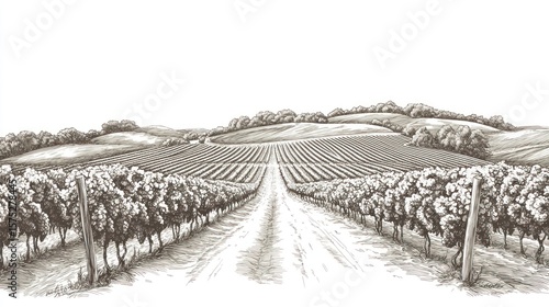 Monochrome engraving shows a vineyard stretching to distant hills under a pale sky