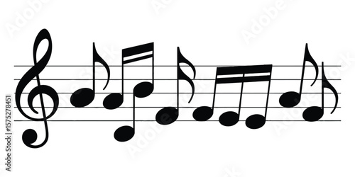 Treble Clef and Musical Notes on Staff Lines Black Silhouette on White