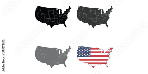 USA Map States Outline with Patriotic Flag on White Backdrop Cartography
