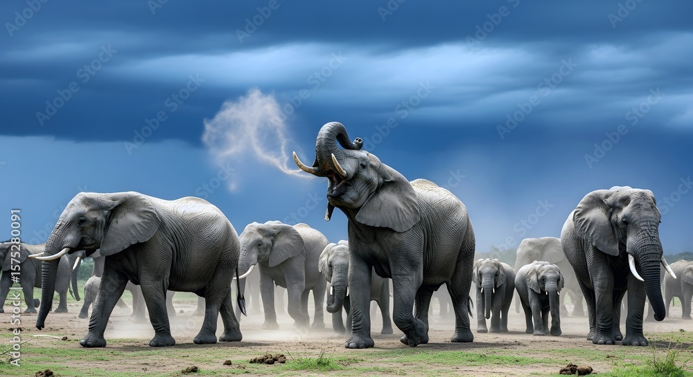 Obraz premium Gray Elephant Herd Walking Across Dusty Plain with Stormy Sky