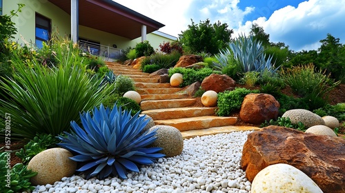 Stunning Stone Steps Landscaping Design with Agave and Succulents