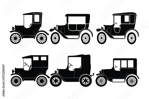 Vintage Car Collection: A classic collection of meticulously rendered vintage car illustrations, capturing the nostalgic charm of automotive history, set against a clean backdrop.