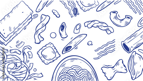 Blue Pasta Doodle Vector – Noodles, Food Pattern, Italian, Spaghetti, Sketch, Line Art, Ingredient, Black and White, Hand-Drawn, Minimalist, Decorative, Repeating, Kitchen, Meal