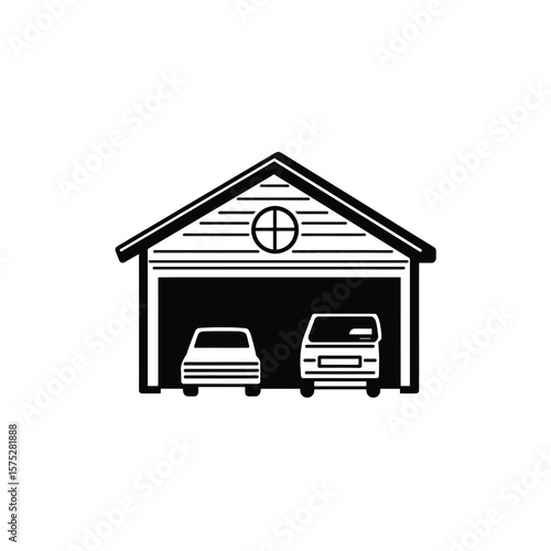 Garage Icon with Two Cars Silhouette Isolated on White Transparent Background