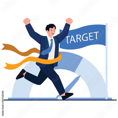 Employee Skills Performance Illustration. Vector illustration of A businessman joyfully crosses the finish line with a "target" flag, symbolizing the achievement of goals. Isolated on background
