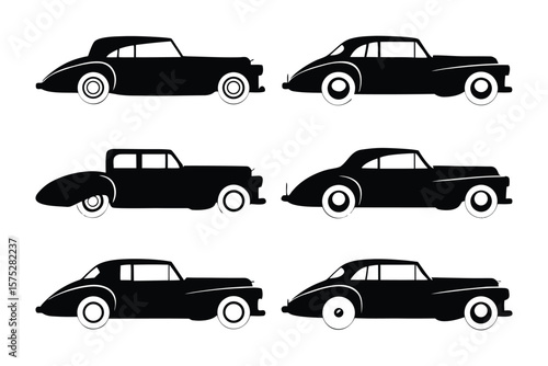 Classic Car Collection: A meticulously crafted silhouette collection of timeless classic cars, each exemplifying the elegance of vintage automobiles. This graphic showcase a classic.