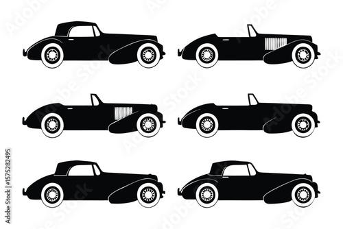Classic Car Silhouettes: Six sleek silhouettes of vintage cars, a coupe and roadster in various styles, showcased against a clean background. A timeless collection of automotive icons.