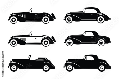Vintage Cars Silhouettes: A collection of meticulously rendered silhouettes showcasing the elegance and classic appeal of vintage automobiles.