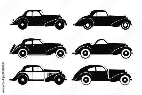 Vintage Car Collection: A compilation of stylized, black silhouette, representing vintage automobiles, evoking a sense of classic design and the golden age of automotive excellence. 
