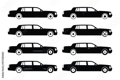 Limousine Array: A set of limousine illustrations, ideal for conveying concepts of transport, luxury, and VIP services.