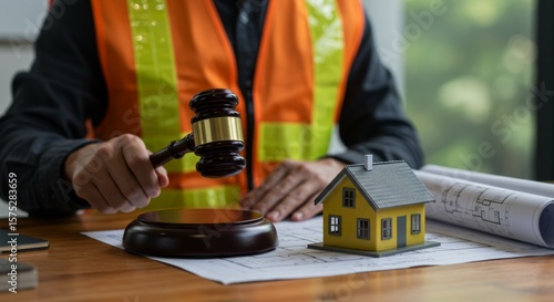 A gavel strikes near a miniature house on a blueprint, person in construction vest behind it