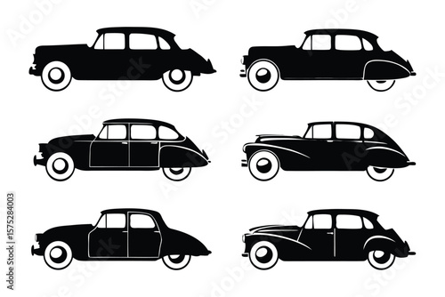 Vintage Car Silhouettes: A collection of classic automobiles, rendered in striking black and white silhouettes, evoking nostalgia and the timeless elegance of automotive design.
