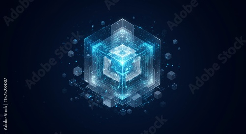 Wallpaper Mural A luminous, geometric composition featuring a central, glowing cube within a complex, blue digital landscape, suggesting futuristic tech Torontodigital.ca