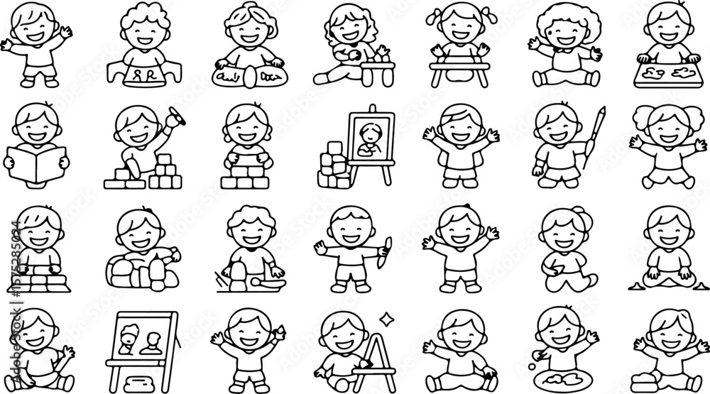 Obraz premium Collection of happy cartoon children engaged in various activities like reading playing building blocks painting and drawing representing childhood fun and learning