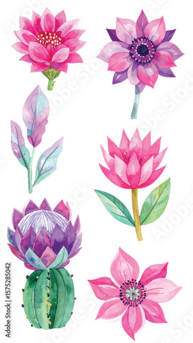 Boho Watercolor Flower and Cactus Vector Set. Hand Painted Pink and Purple Botanical Clipart