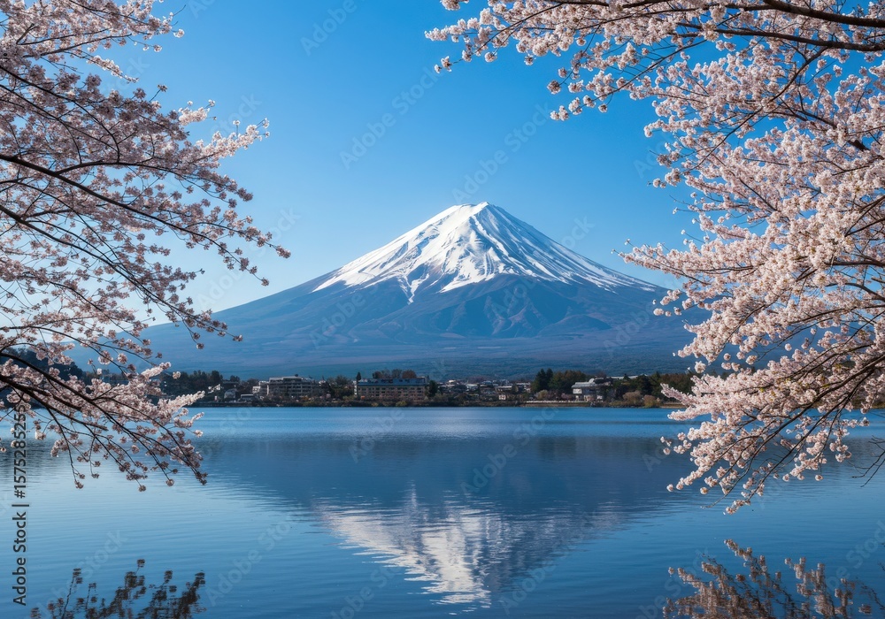 Obraz premium Mount fuji and cherry blossom reflection on lake with clear blue sky in japan 
