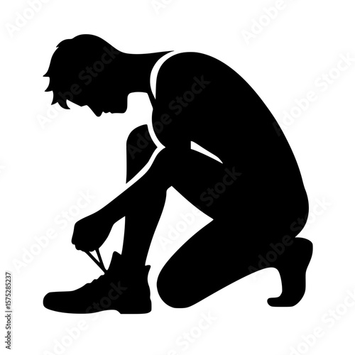 Person tying shoe icon, black silhouette, kneeling pose, minimal action clipart