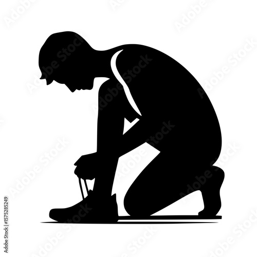 Person tying shoe icon, black silhouette, kneeling pose, minimal action clipart