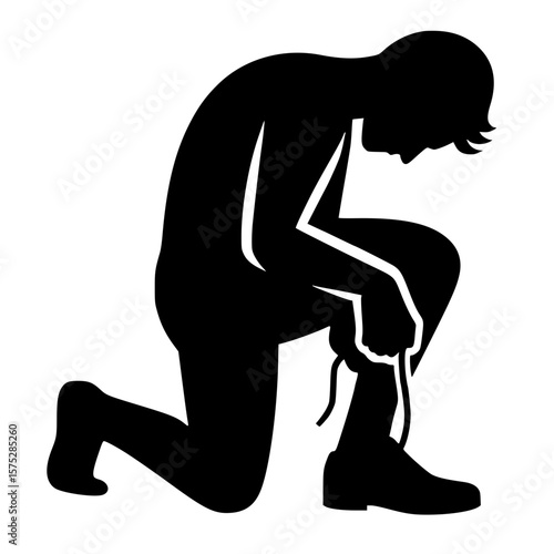 Person tying shoe icon, black silhouette, kneeling pose, minimal action clipart