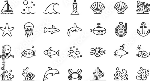 Collection of simple black and white line art icons depicting various marine life nautical elements and ocean activities for a whimsical sea theme