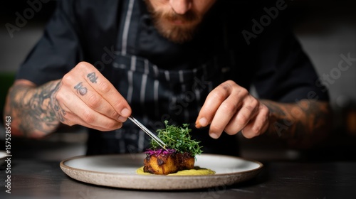 Culinary artistry in action chef plating gourmet dish modern kitchen food photography close-up gastronomy