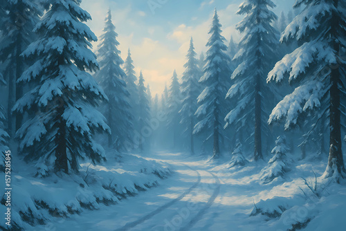 Winter Morning in Snowy Pine Forest