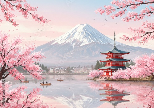 Pagoda and mount fuji with cherry blossom trees in springtime japan landscape