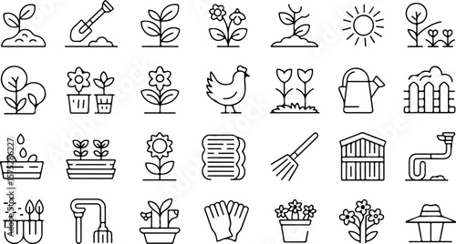 Collection of simple line art icons representing gardening activities and elements including plants growing tools watering and a chicken