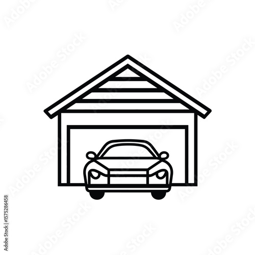 Car Inside Garage Outline, Vehicle Parking, House with Automotive, White Background