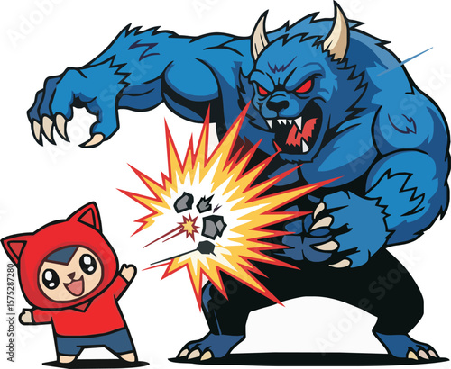 Cartoon illustration of a blue monster attacking a small, hooded character with an explosion effect.