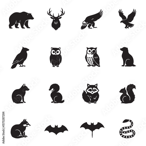 Collection of various animal shapes in black color on white background set of icon