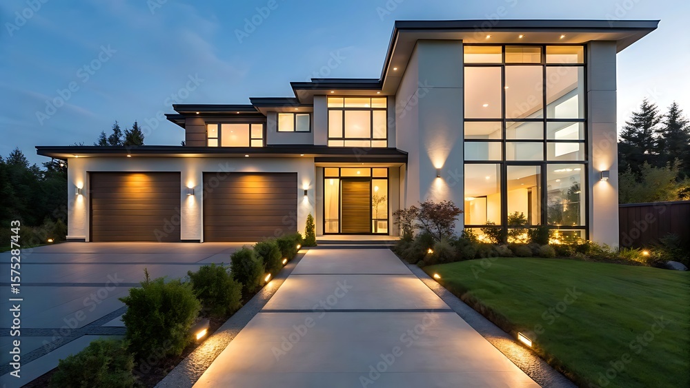 Obraz premium Modern luxury home exterior at dusk. Architectural design features sleek lines large windows. Evening scene with pathway lighting. Residential real estate. Home building exterior.