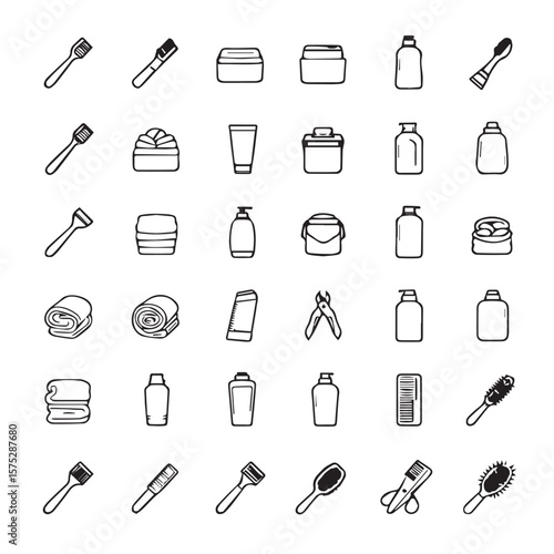 Collection of various hygiene and cosmetic products in black lines set of icon