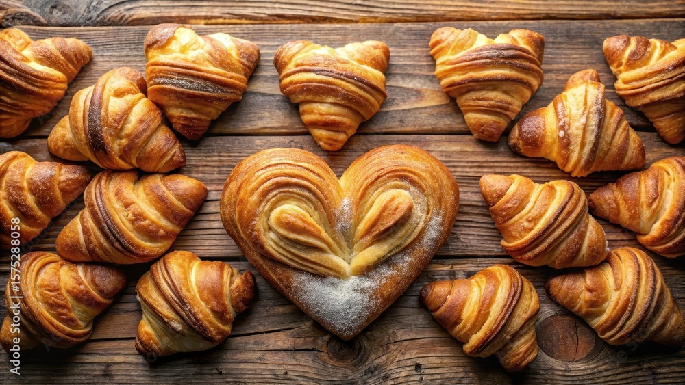 Fototapeta premium Heart-Shaped Sweet Croissants - golden and flaky pastries for holidays and celebrations - perfect for sharing love , holiday treat, flaky pastry