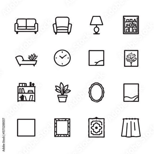 Line drawings depicting furniture and home decor arrangements set of icon